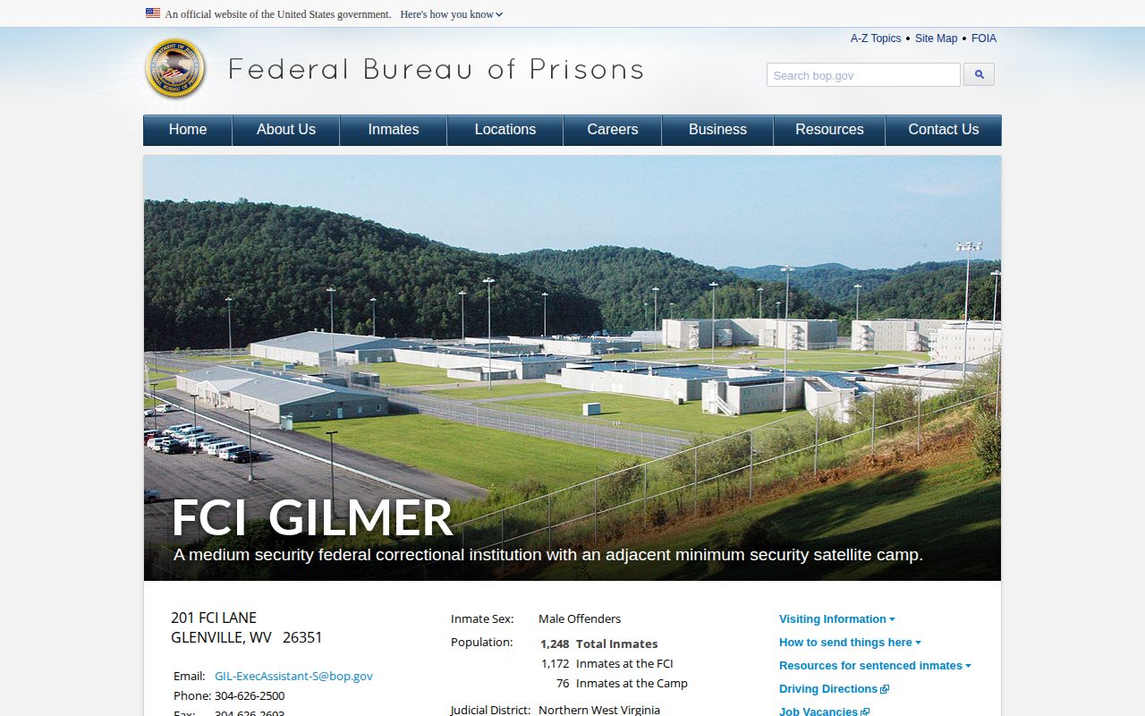 FCI Gilmer official federal facility and release contact page