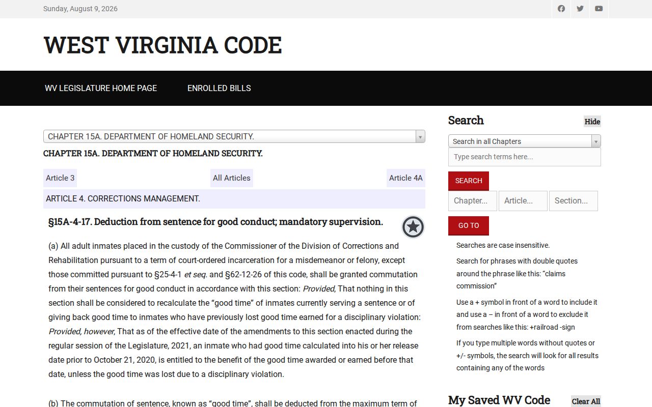 Gilmer County release date good-time law under West Virginia Code